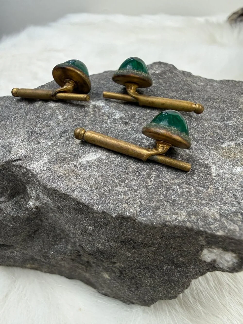 Vintage Set of 3 Green Glass & Brass Button Shirt Studs